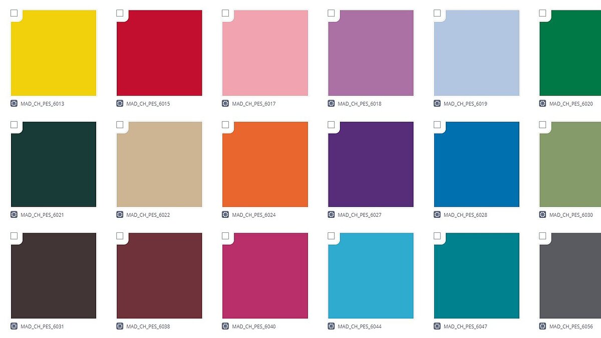 Overview of the chenille thread colour collection shown as RGB colour swatches with article names on the DMIx platform.